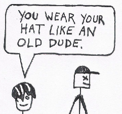 Thumbnail tease: a teenager with colorful hair  looks at an older guy in a baseball cap and says, "You wear your hat like an old dude."